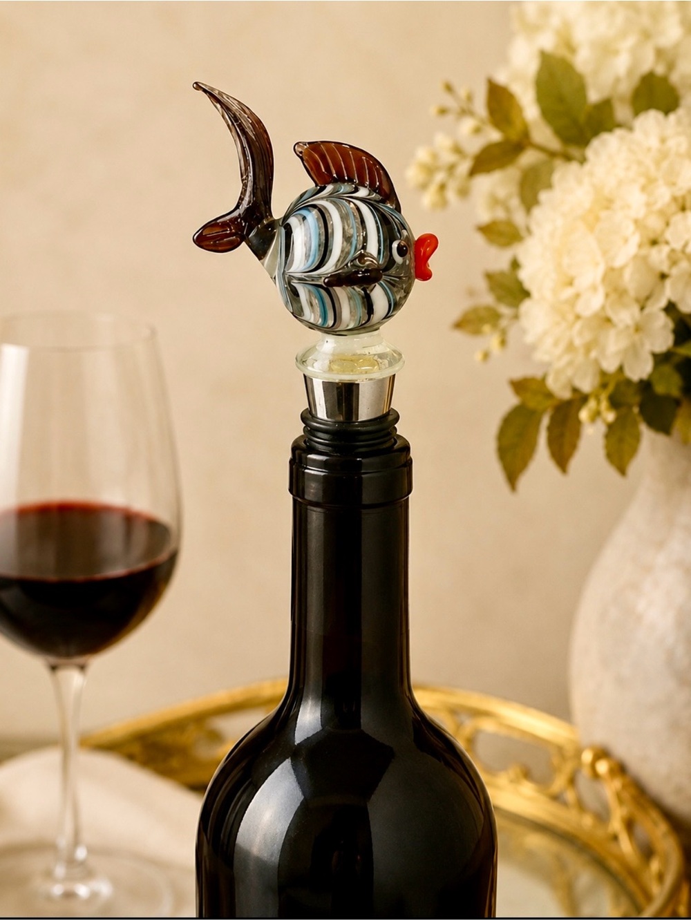 Art Glass Fish Wine Stopper – Tropical Blue & White Striped Fish